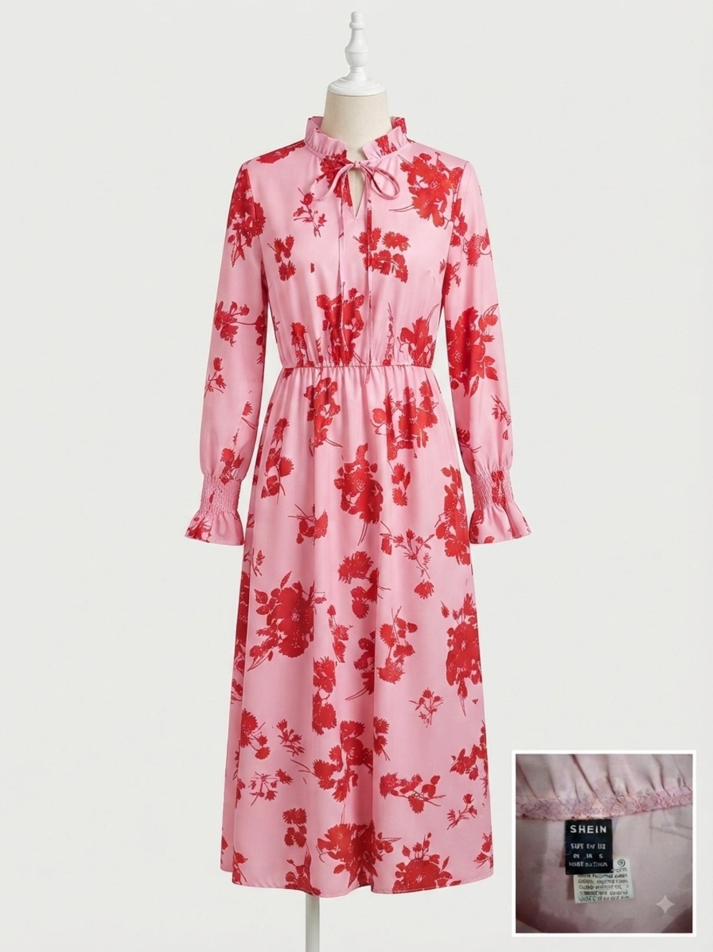 SHEIN Pink and Red Floral Tie-Neck Maxi Dress size M